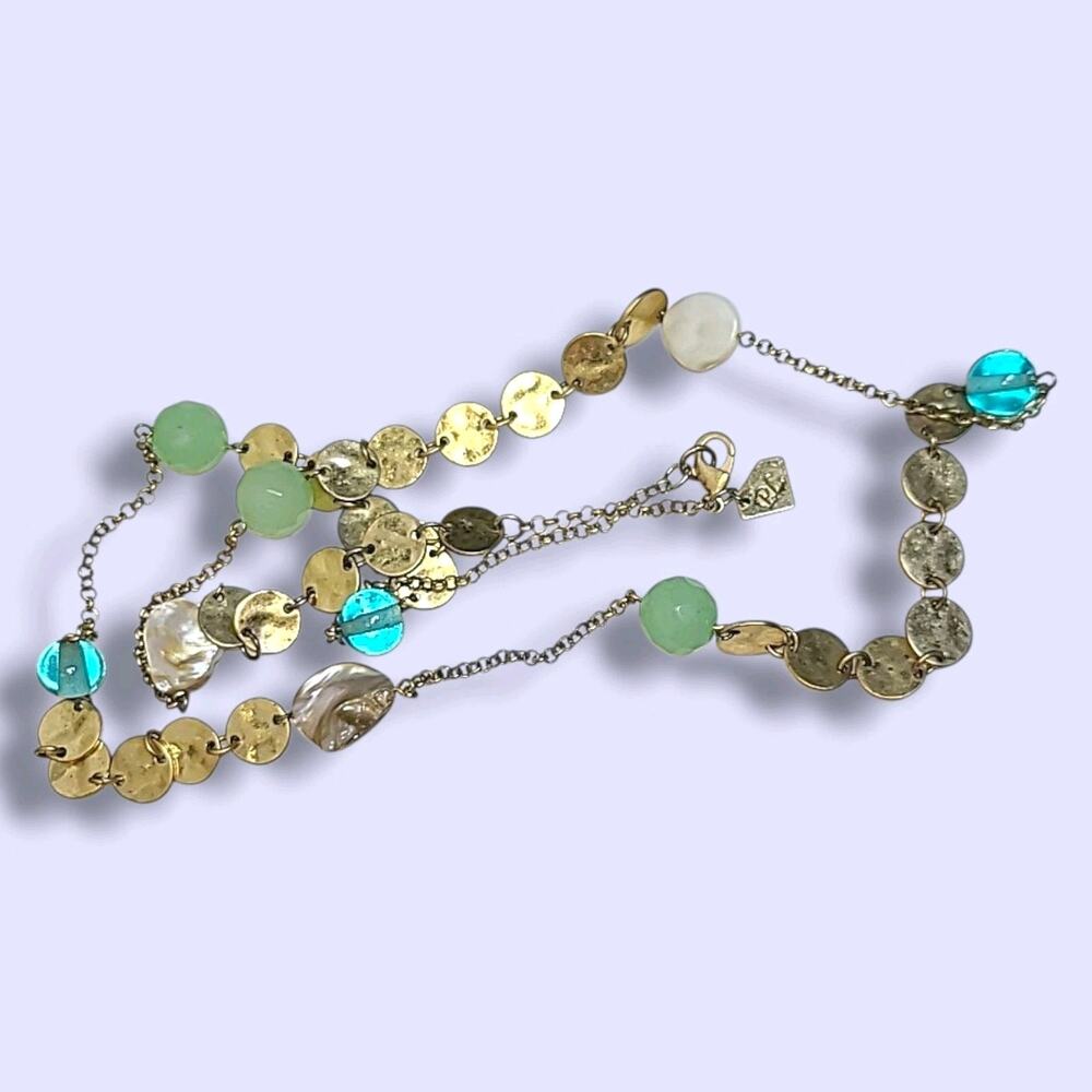 Vintage Park Lane Matte Gold Tone Blue & Green Glass Station Necklace‎ 36"